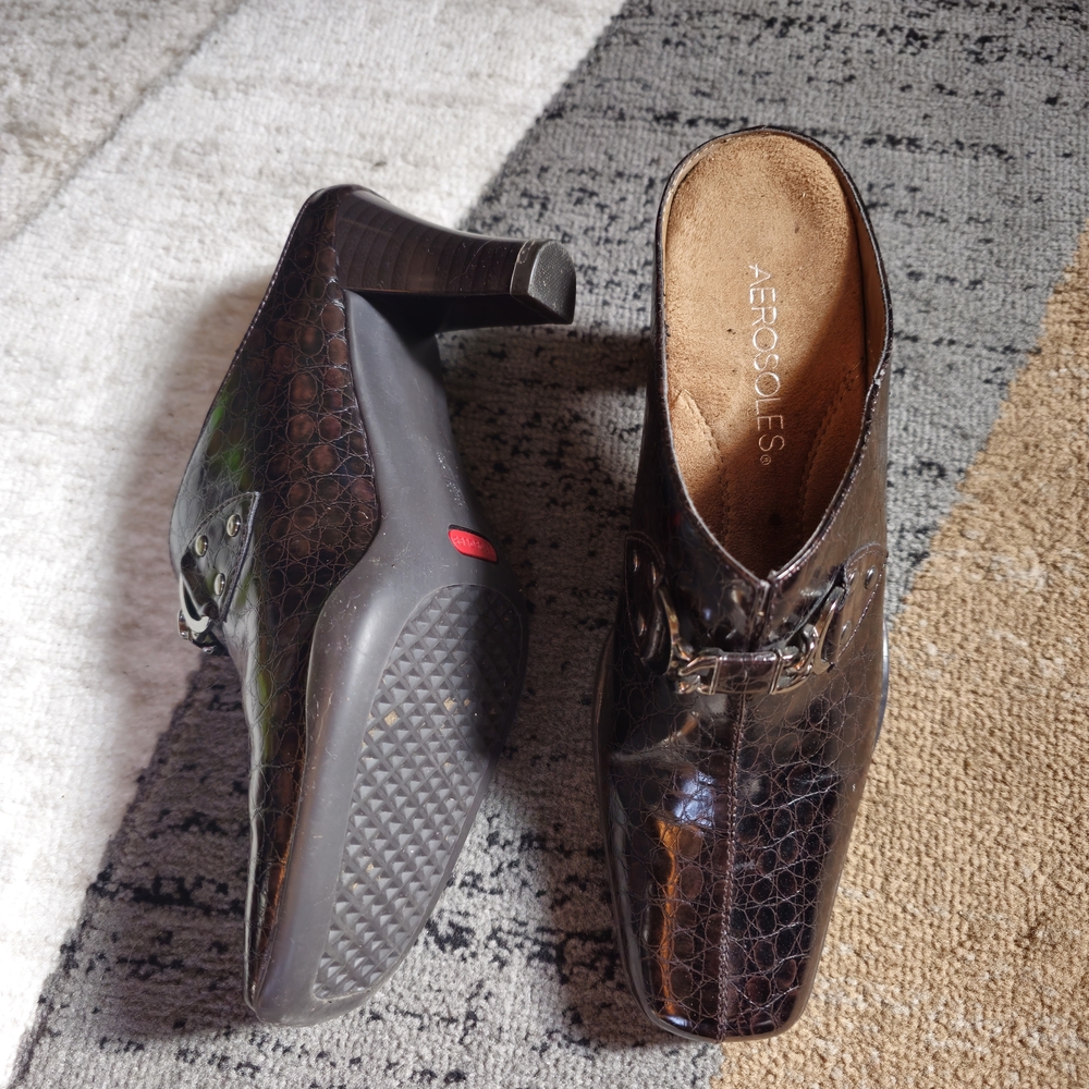 Aerosoles Brown Croc-Embossed Heeled Mules
